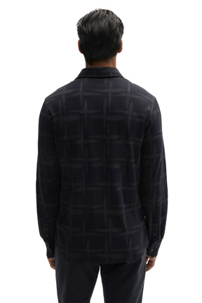 Robert Barakett men's dark navy long sleeve knit shirt with tonal abstract check pattern and button cuffs, back view