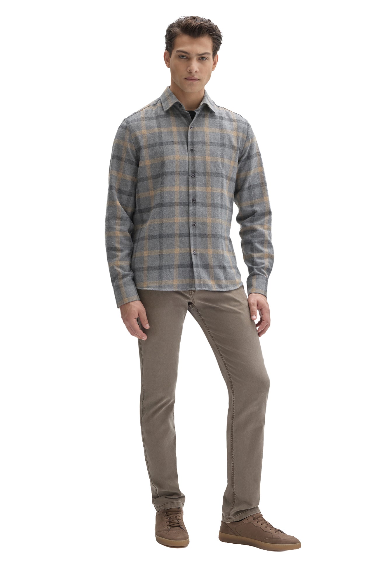 Men's full-body front view of gray plaid flannel overshirt with tan lines and button front by Robert Barakett