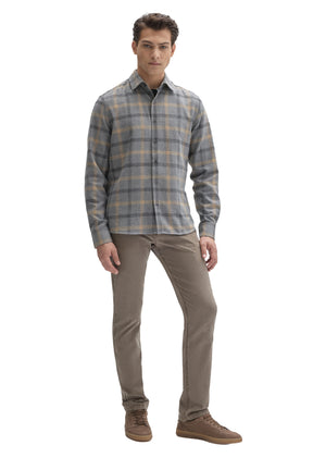 Men's full-body front view of gray plaid flannel overshirt with tan lines and button front by Robert Barakett