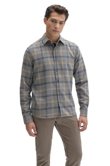 Front view of men's gray plaid flannel overshirt with tan lines, pointed collar, and buttons by Robert Barakett