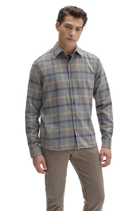 Front view of men's gray plaid flannel overshirt with tan lines, pointed collar, and buttons by Robert Barakett