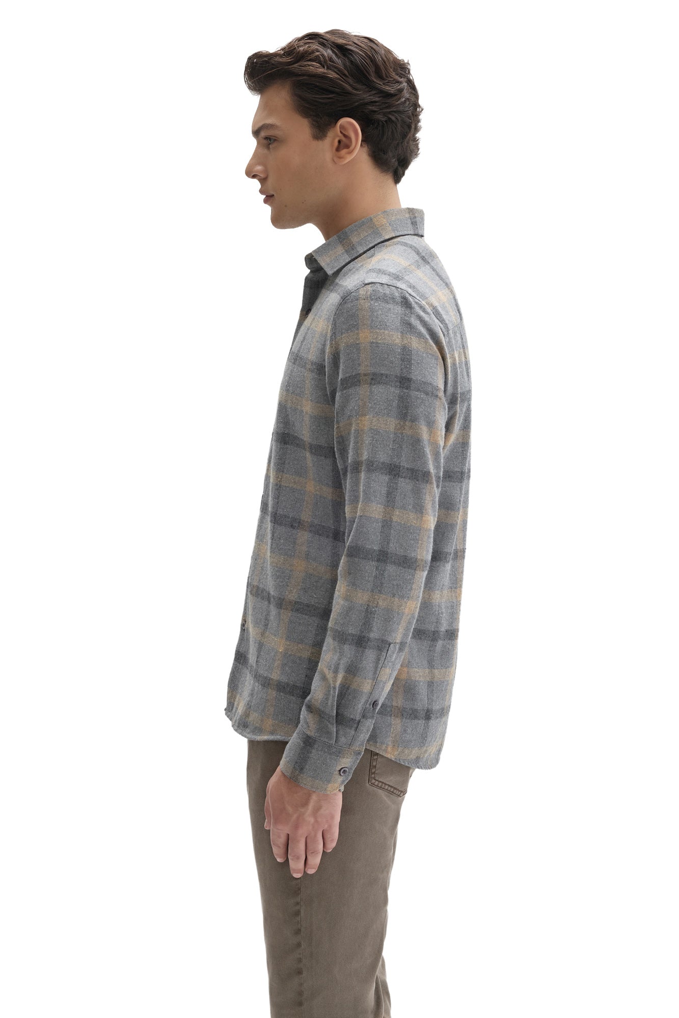 Robert Barakett men's gray plaid flannel overshirt showing rounded hem and button cuff, side view