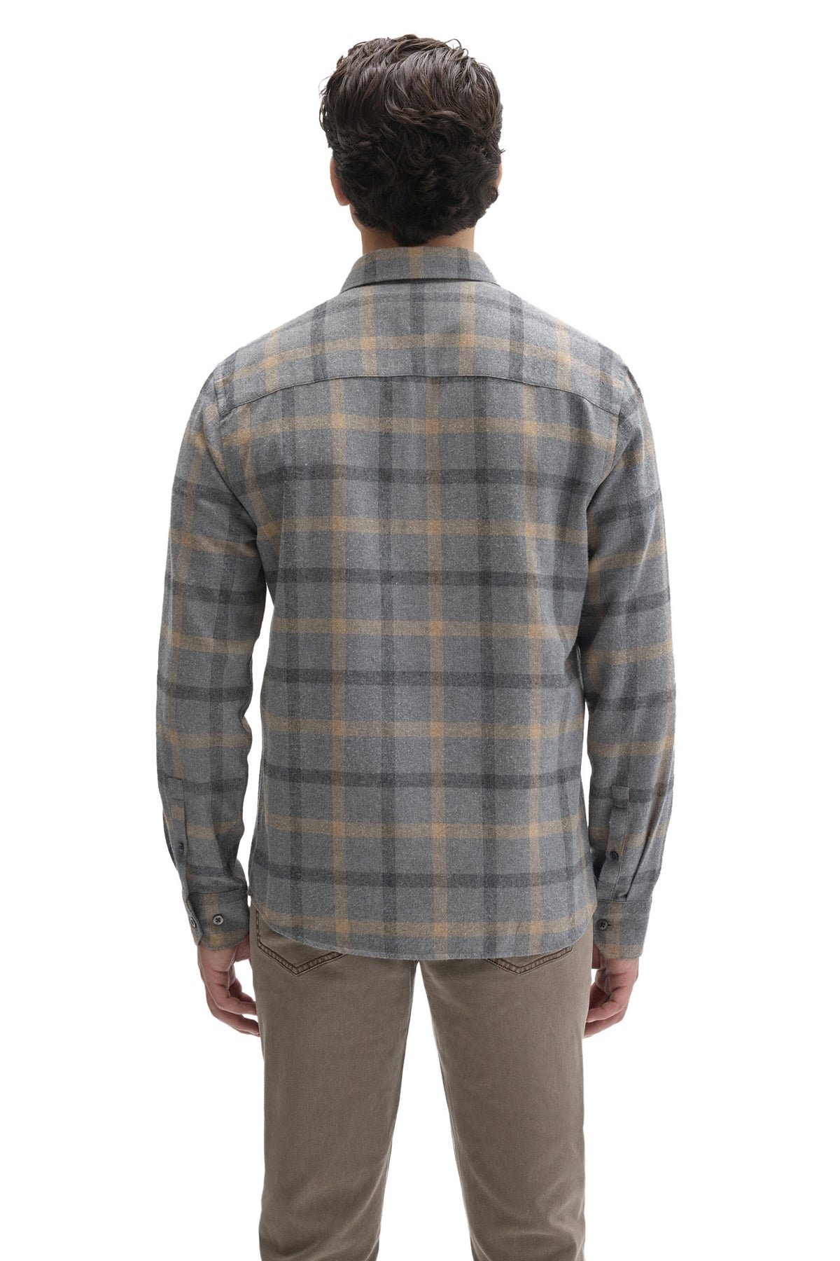Robert Barakett men's gray plaid flannel overshirt showing back yoke and button cuffs, back view
