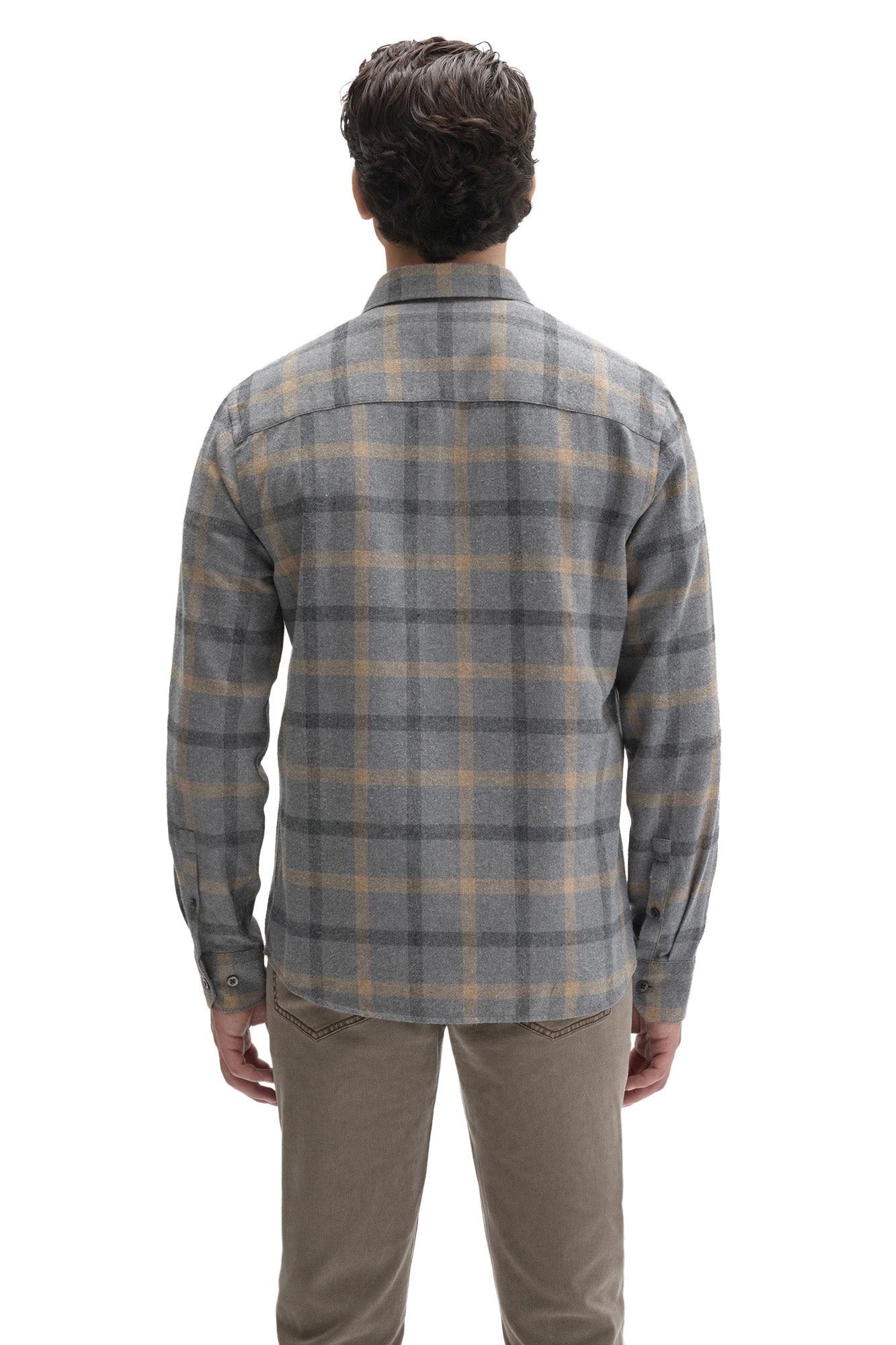 Robert Barakett men's gray plaid flannel overshirt showing back yoke and button cuffs, back view