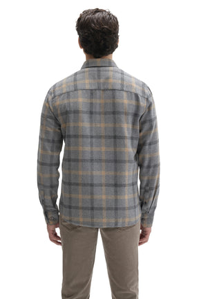 Robert Barakett men's gray plaid flannel overshirt showing back yoke and button cuffs, back view