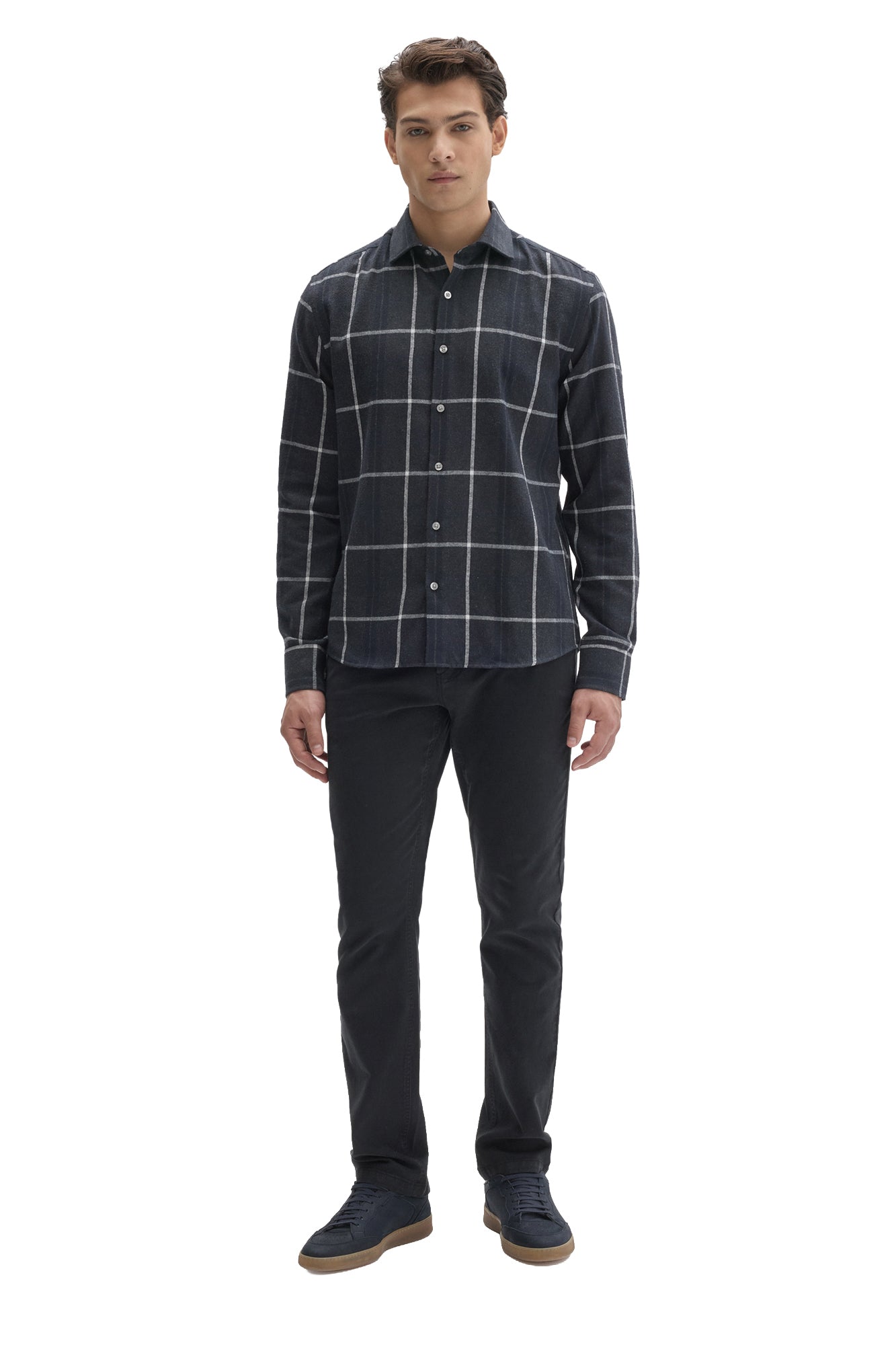 Men's full-body front view of dark navy charcoal plaid long sleeve shirt styled with dark pants by Robert Barakett