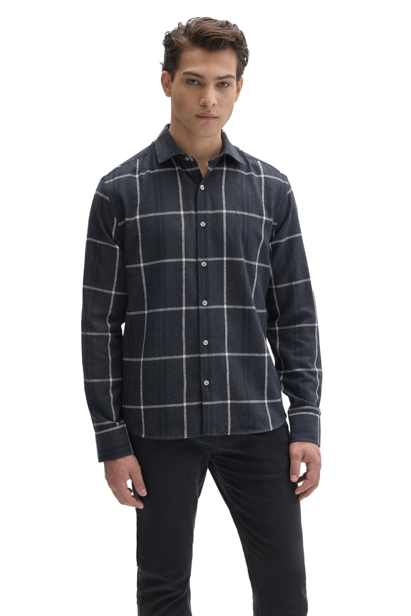Robert Barakett men's dark navy charcoal windowpane plaid long sleeve button-front shirt shown from the front
