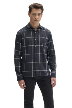 Robert Barakett men's dark navy charcoal windowpane plaid long sleeve button-front shirt shown from the front