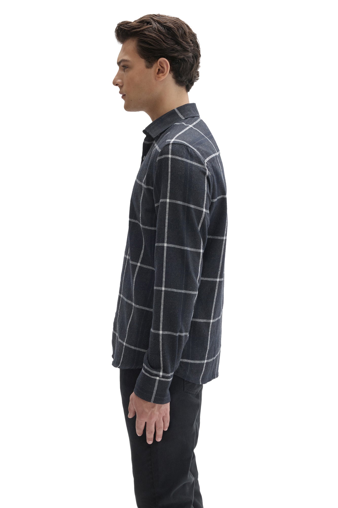 Robert Barakett men's dark navy charcoal plaid long sleeve button-front shirt with point collar shown from the side