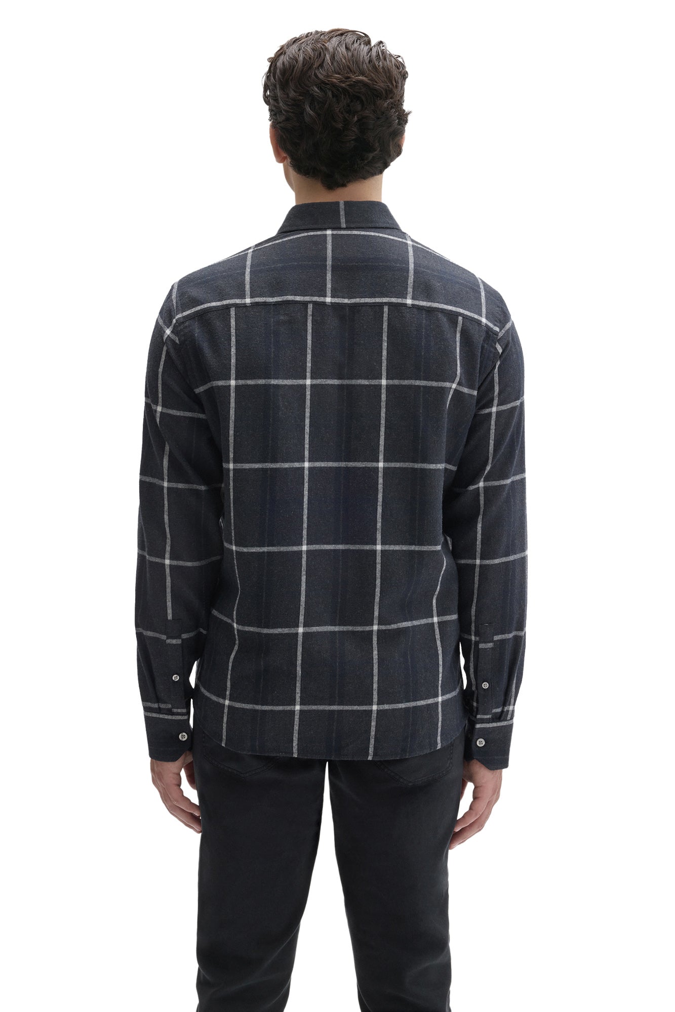 Robert Barakett men's dark navy charcoal plaid long sleeve shirt with straight yoke and button cuffs, back view