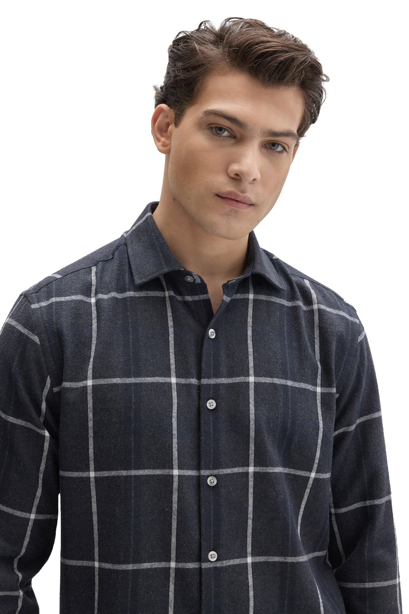 Robert Barakett men's close front view of dark navy charcoal plaid long-sleeve shirt showing point collar and light buttons