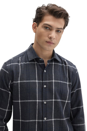 Robert Barakett men's close front view of dark navy charcoal plaid long-sleeve shirt showing point collar and light buttons