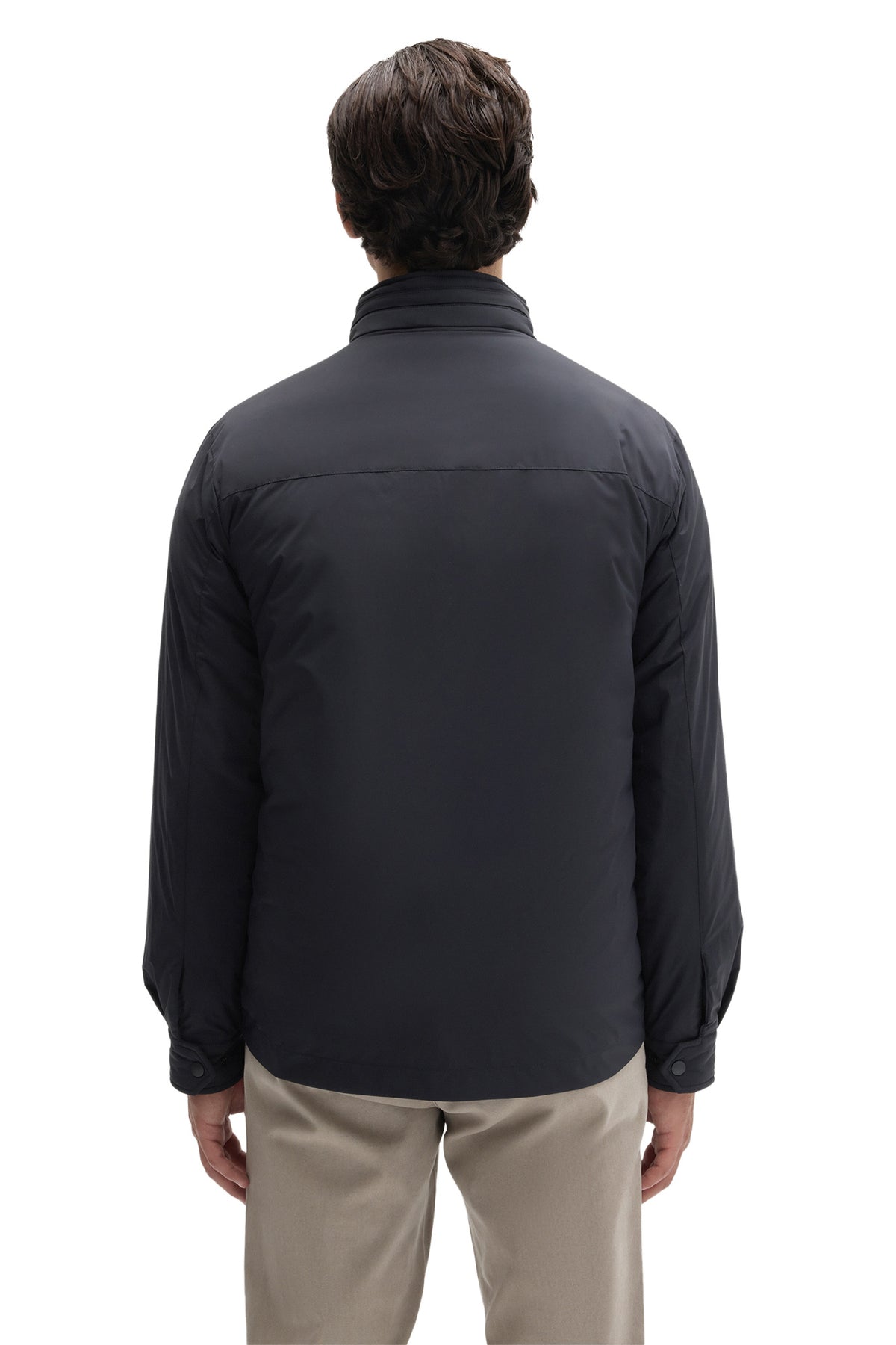 Veste à boutons-pression marine, col montant et poignets pressionnés pour homme par Robert Barakett, vue de dos