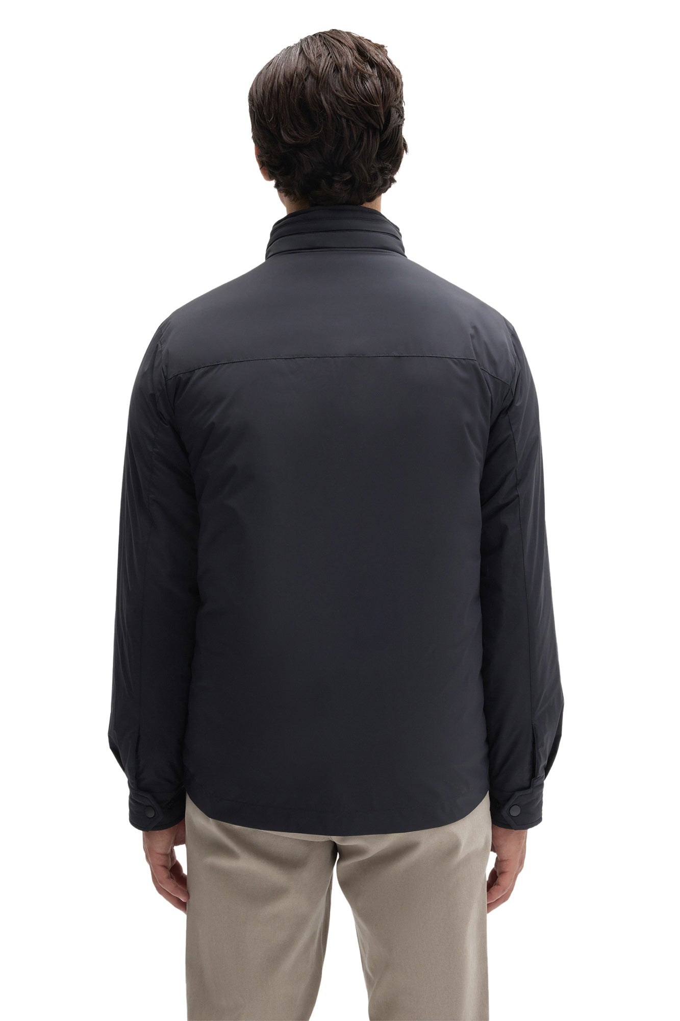 Robert Barakett men's navy snap jacket with stand collar, smooth shell, and snapped cuffs, back view