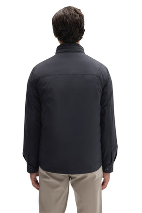 Robert Barakett men's navy snap jacket with stand collar, smooth shell, and snapped cuffs, back view