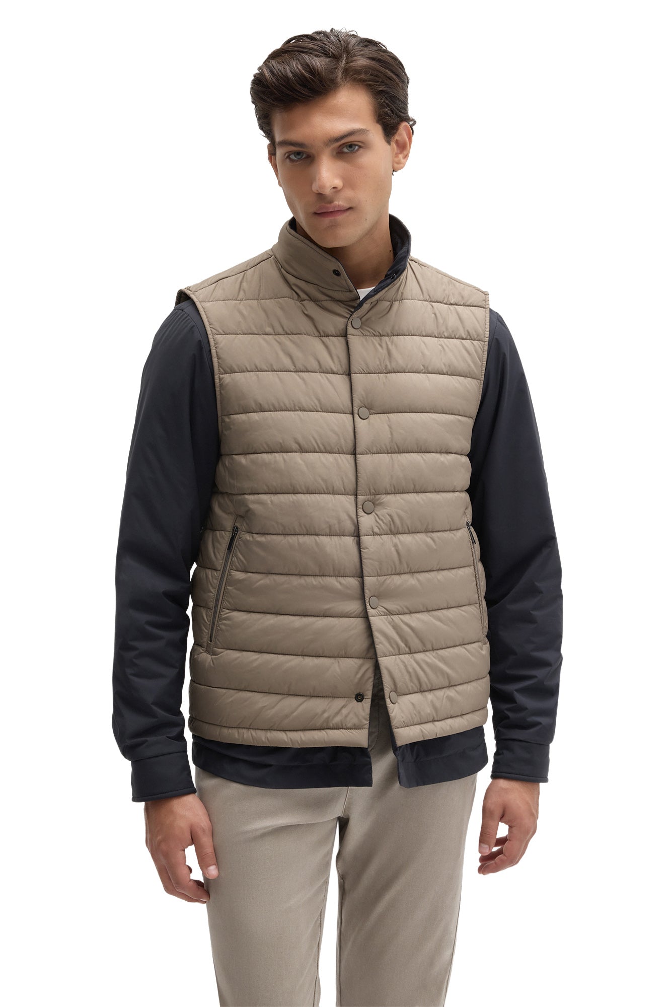 Men's taupe jacket, front model view by Robert Barakett