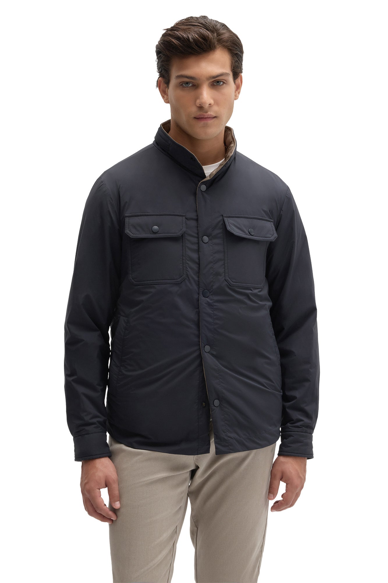 Robert Barakett men's navy snap jacket with stand collar, snap placket, and two chest flap pockets, front view