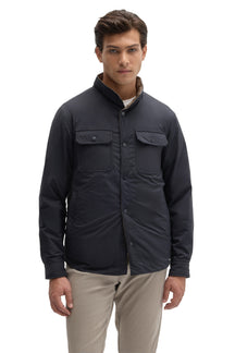 Robert Barakett men's navy snap jacket with stand collar, snap placket, and two chest flap pockets, front view