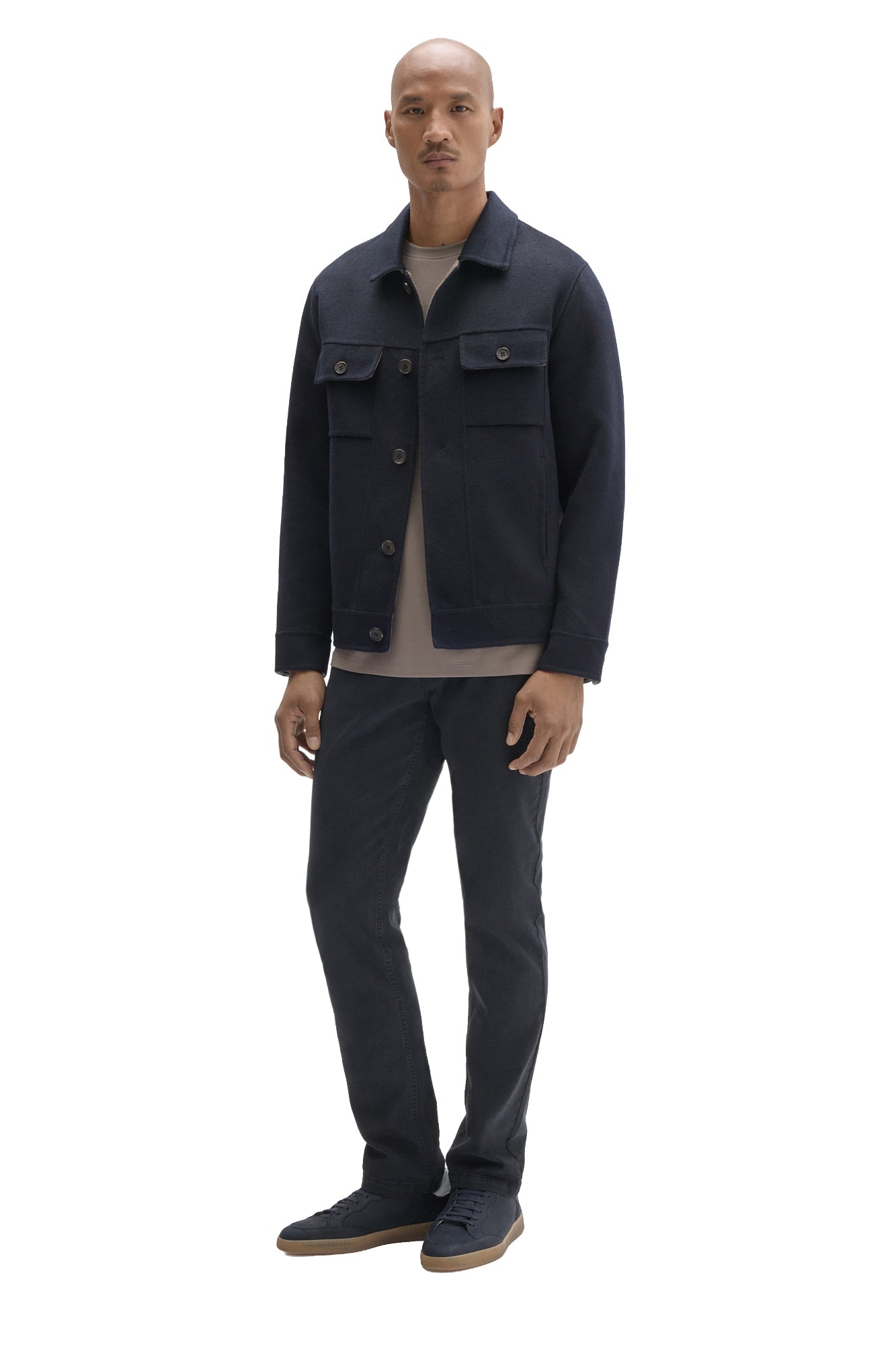 Robert Barakett men's full-length front view of dark navy button-front jacket styled over a light crewneck T-Shirt
