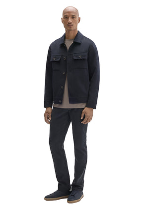 Robert Barakett men's full-length front view of dark navy button-front jacket styled over a light crewneck T-Shirt