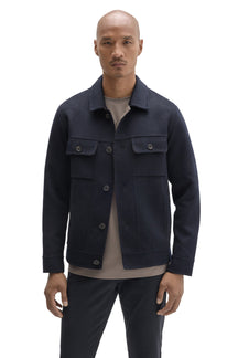 Robert Barakett men's dark navy button-front jacket with spread collar and two buttoned chest flap pockets, front view