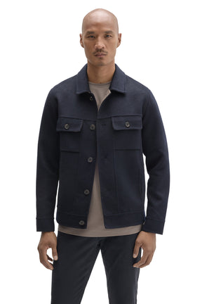 Robert Barakett men's dark navy button-front jacket with spread collar and two buttoned chest flap pockets, front view