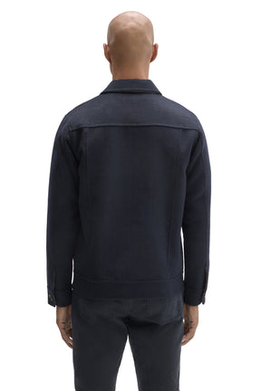 Robert Barakett men's dark navy jacket showing spread collar, back yoke seam, long sleeves, and straight hem, back view