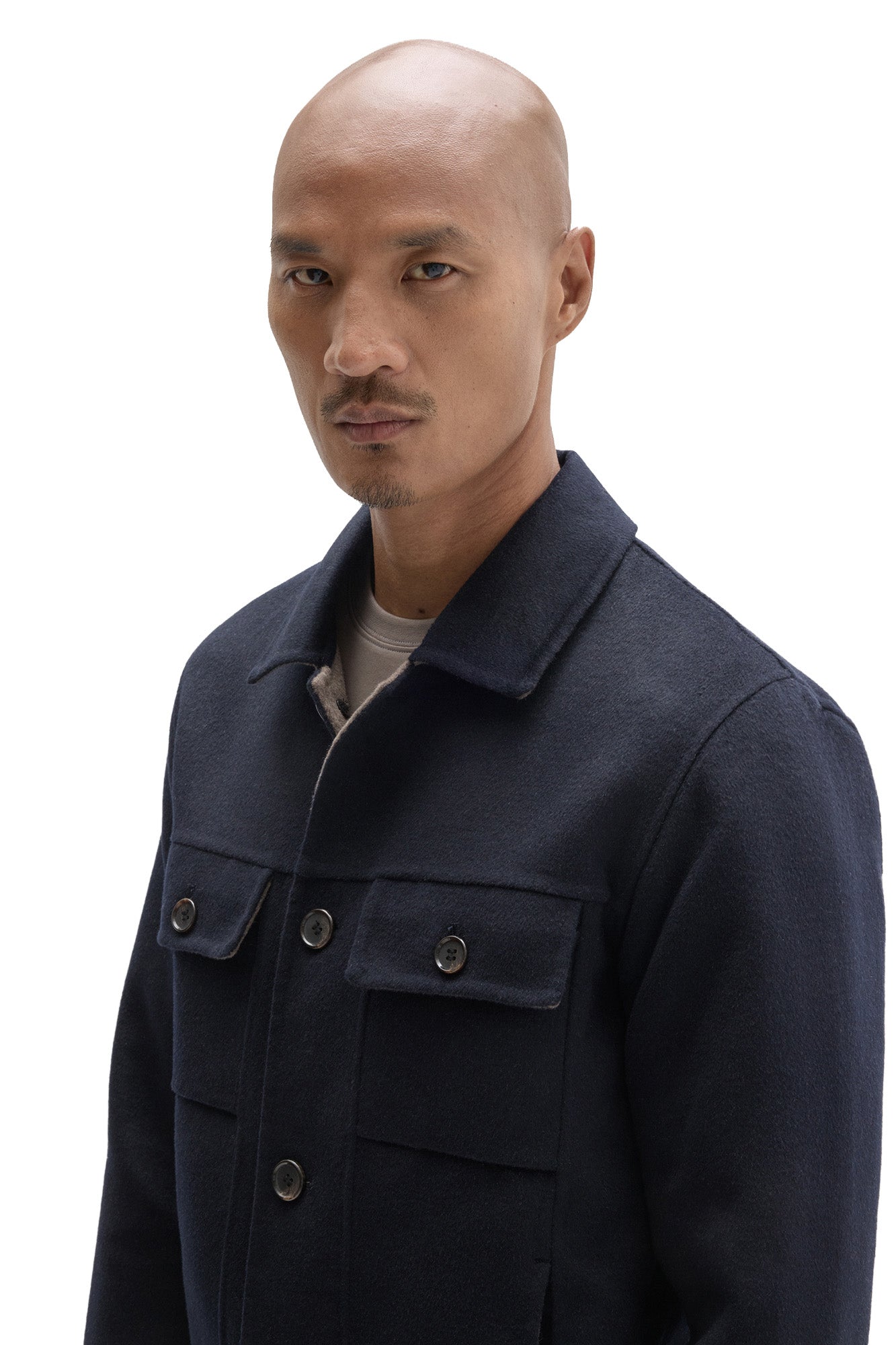 Robert Barakett men's dark navy button-front jacket with spread collar and buttoned chest flap pockets, close view