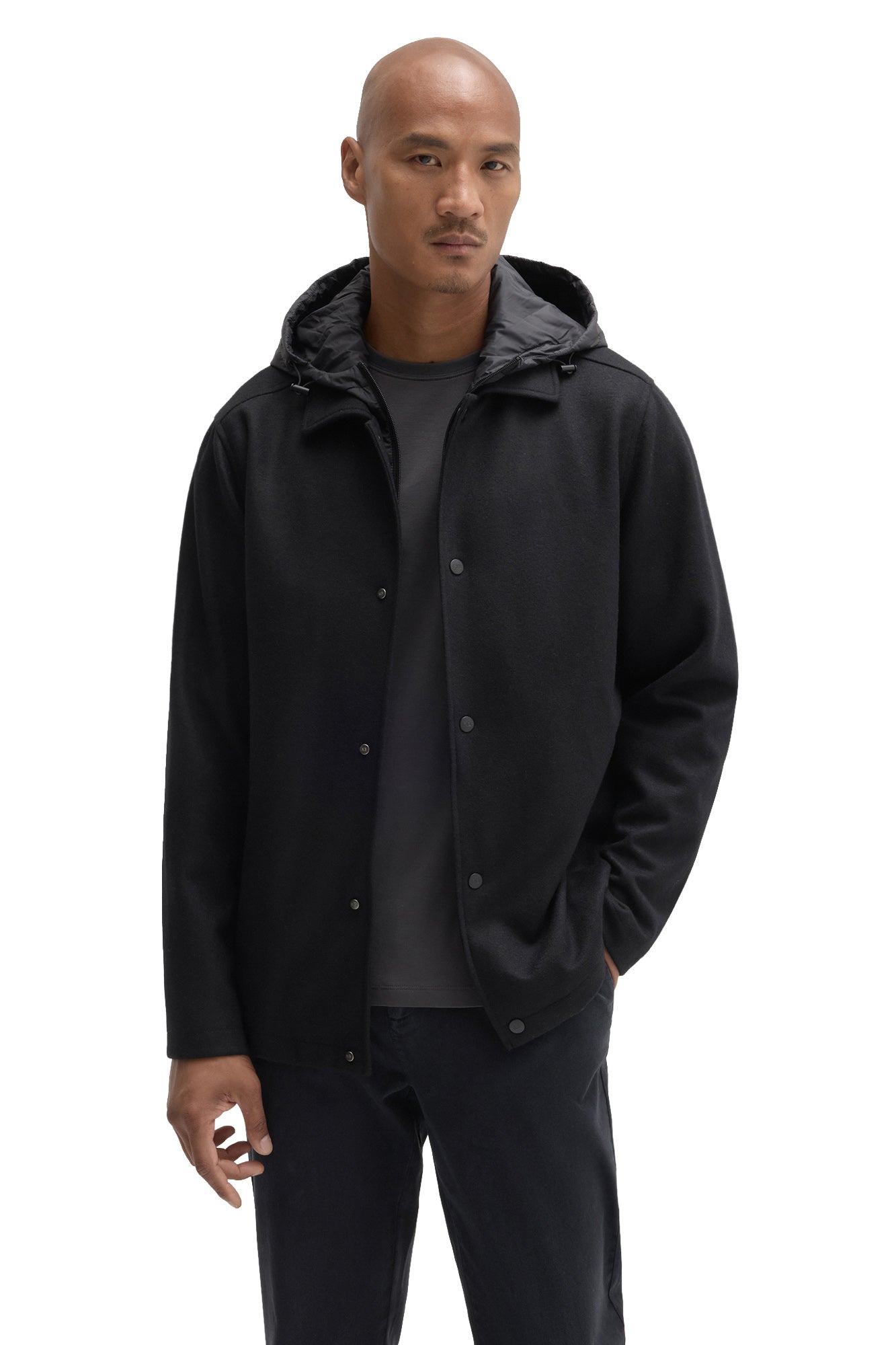 Robert Barakett men's black snap-front hooded jacket worn open, showing tonal snaps and charcoal hood, front view