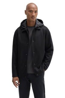 Robert Barakett men's black snap-front hooded jacket worn open, showing tonal snaps and charcoal hood, front view
