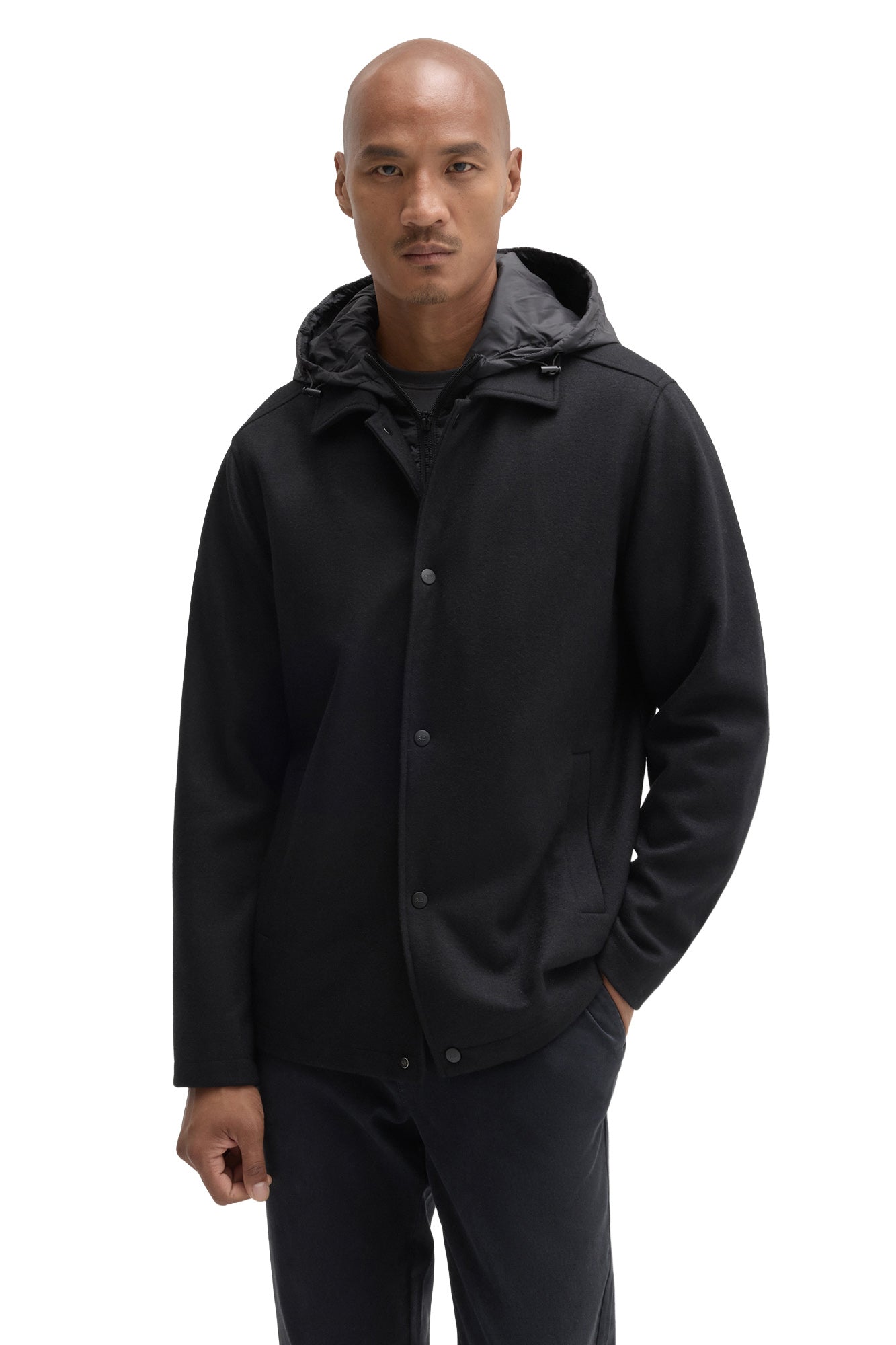 Robert Barakett men's black hooded snap-front jacket with vertical welt pockets and charcoal hood lining, front view