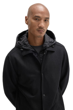 Robert Barakett men's close front view of black snap-front hooded jacket with charcoal nylon hood and drawcords