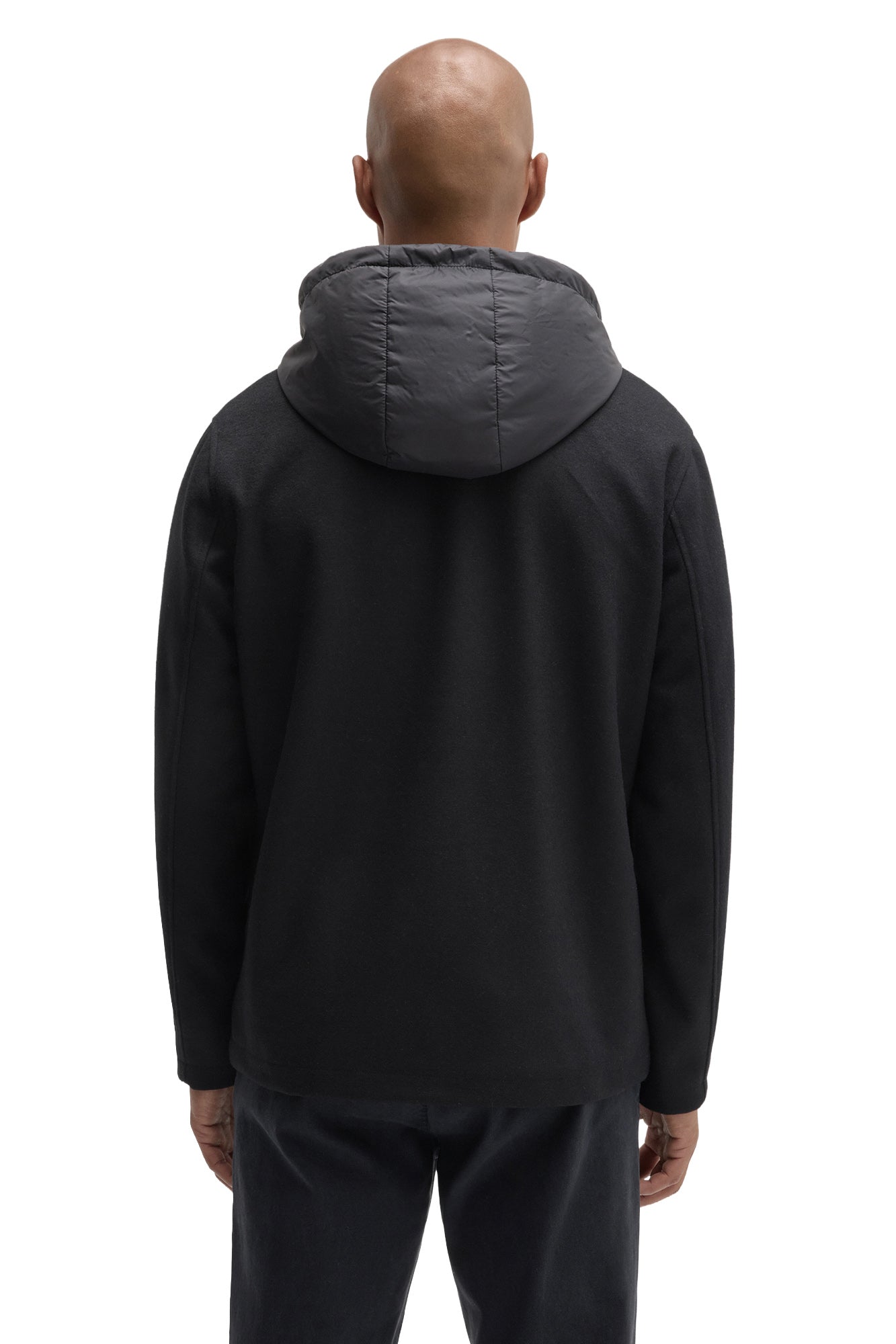 Robert Barakett men's black hooded jacket with charcoal padded hood and plain long sleeves, back view