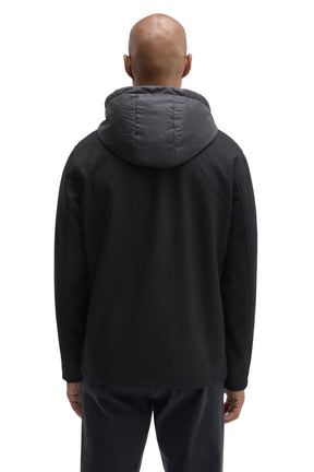 Robert Barakett men's black hooded jacket with charcoal padded hood and plain long sleeves, back view