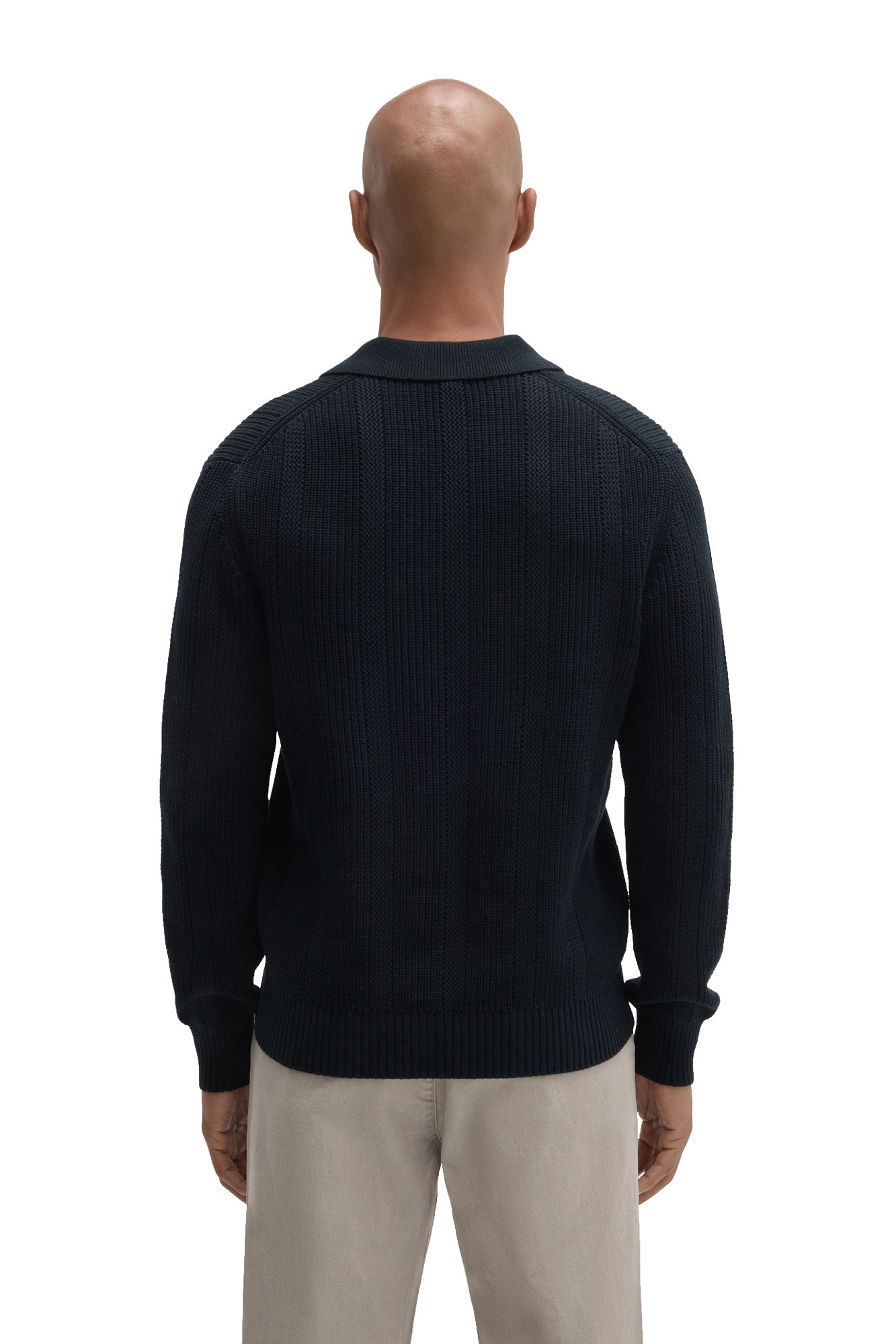 Robert Barakett men's dark navy long sleeve knit polo with ribbed collar, cuffs, and hem, back view