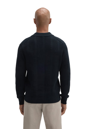 Robert Barakett men's dark navy long sleeve knit polo with ribbed collar, cuffs, and hem, back view