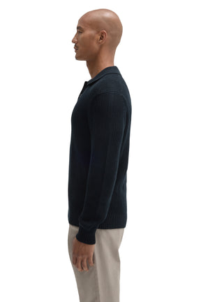 Robert Barakett men's dark navy long sleeve knit polo with ribbed cuff and straight ribbed hem shown from the side