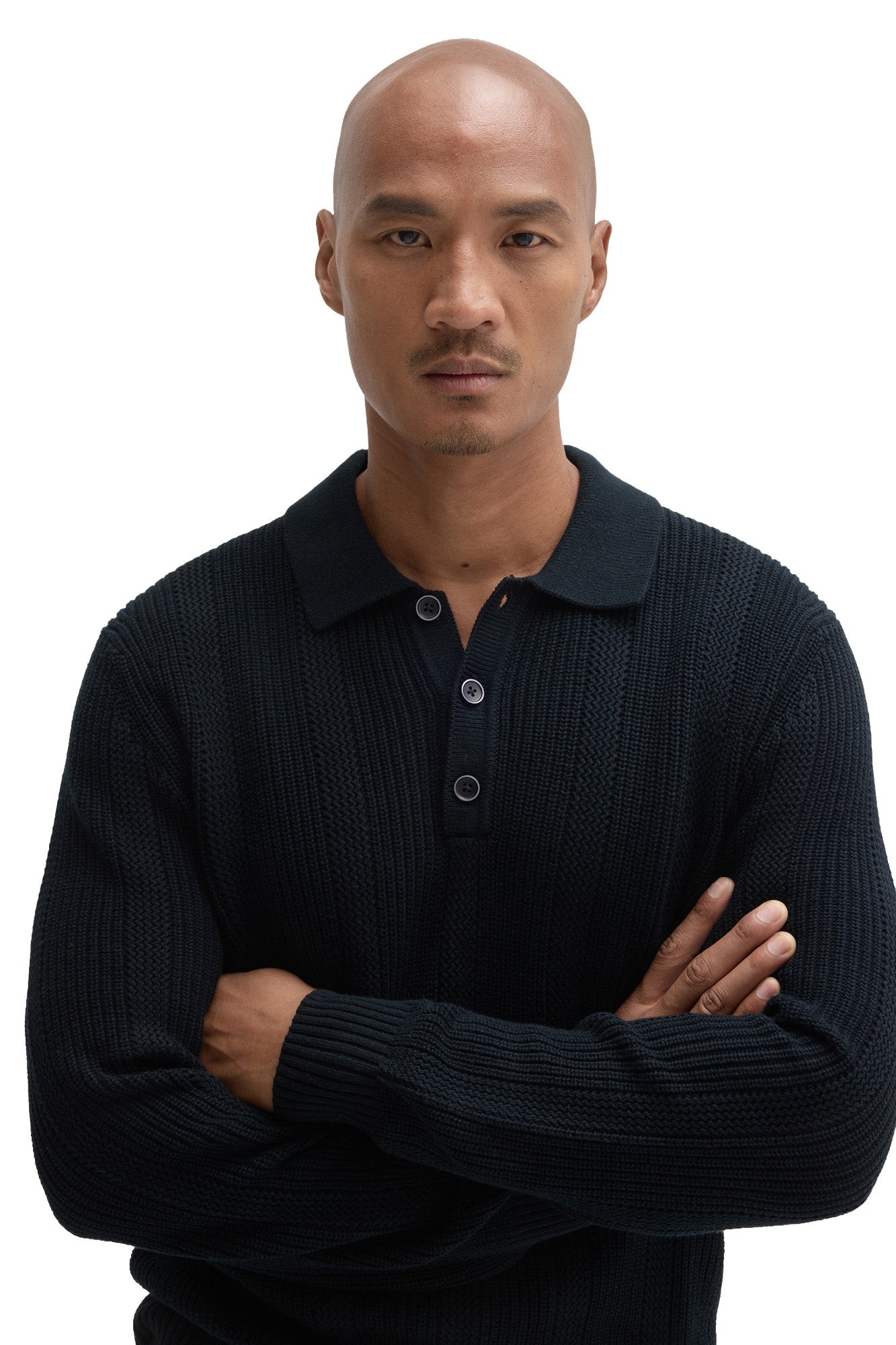 Robert Barakett men's close front view of a dark navy knit long-sleeve polo with collar, three buttons, and textured stitch