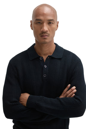 Robert Barakett men's close front view of a dark navy knit long-sleeve polo with collar, three buttons, and textured stitch