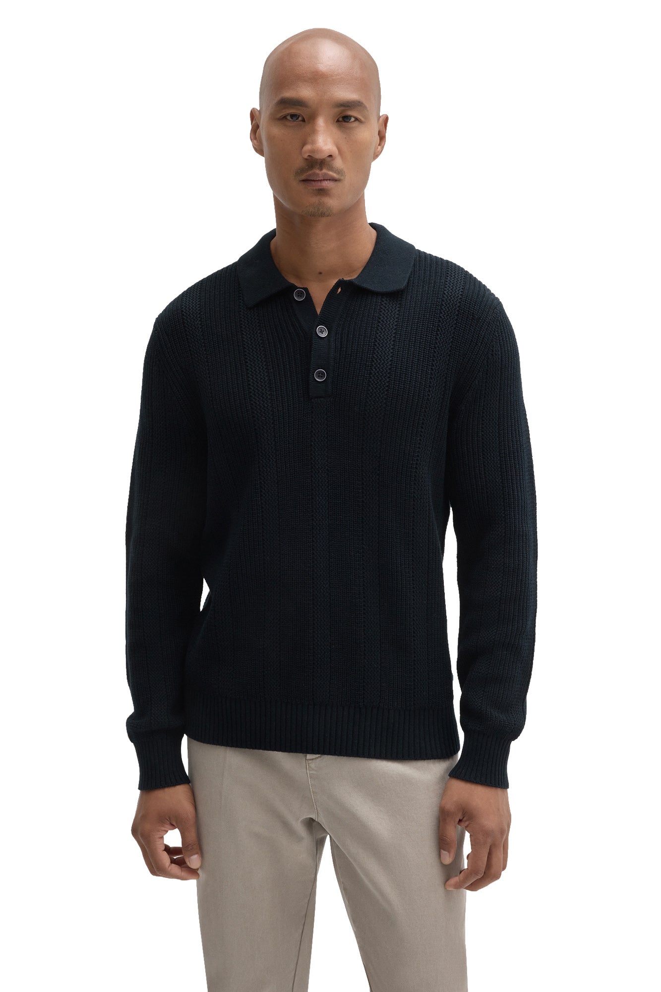 Robert Barakett men's dark navy long sleeve knit polo with textured vertical ribs and button placket shown from the front