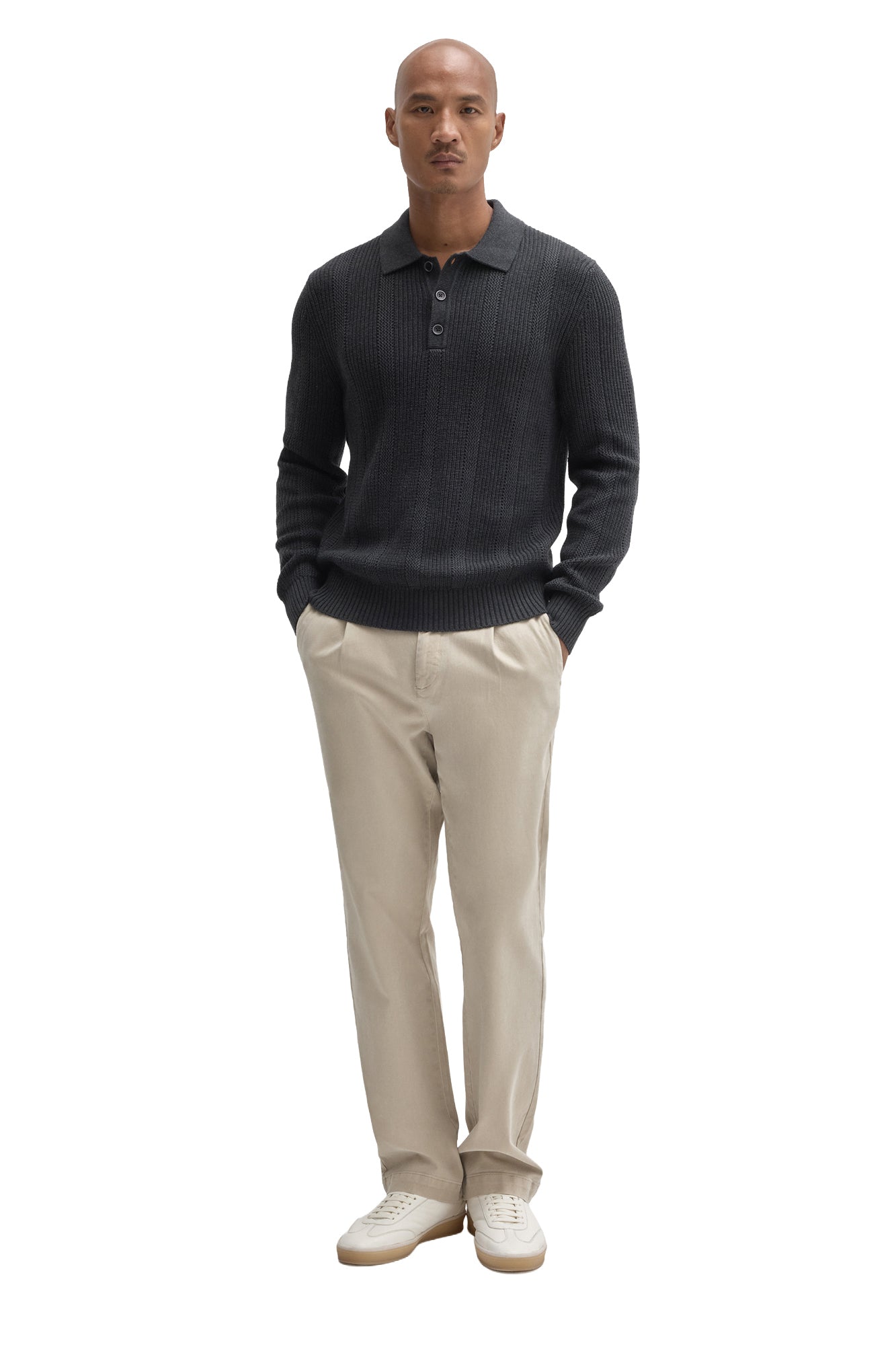Robert Barakett men's full-length front view of charcoal knit long-sleeve polo styled with beige pants
