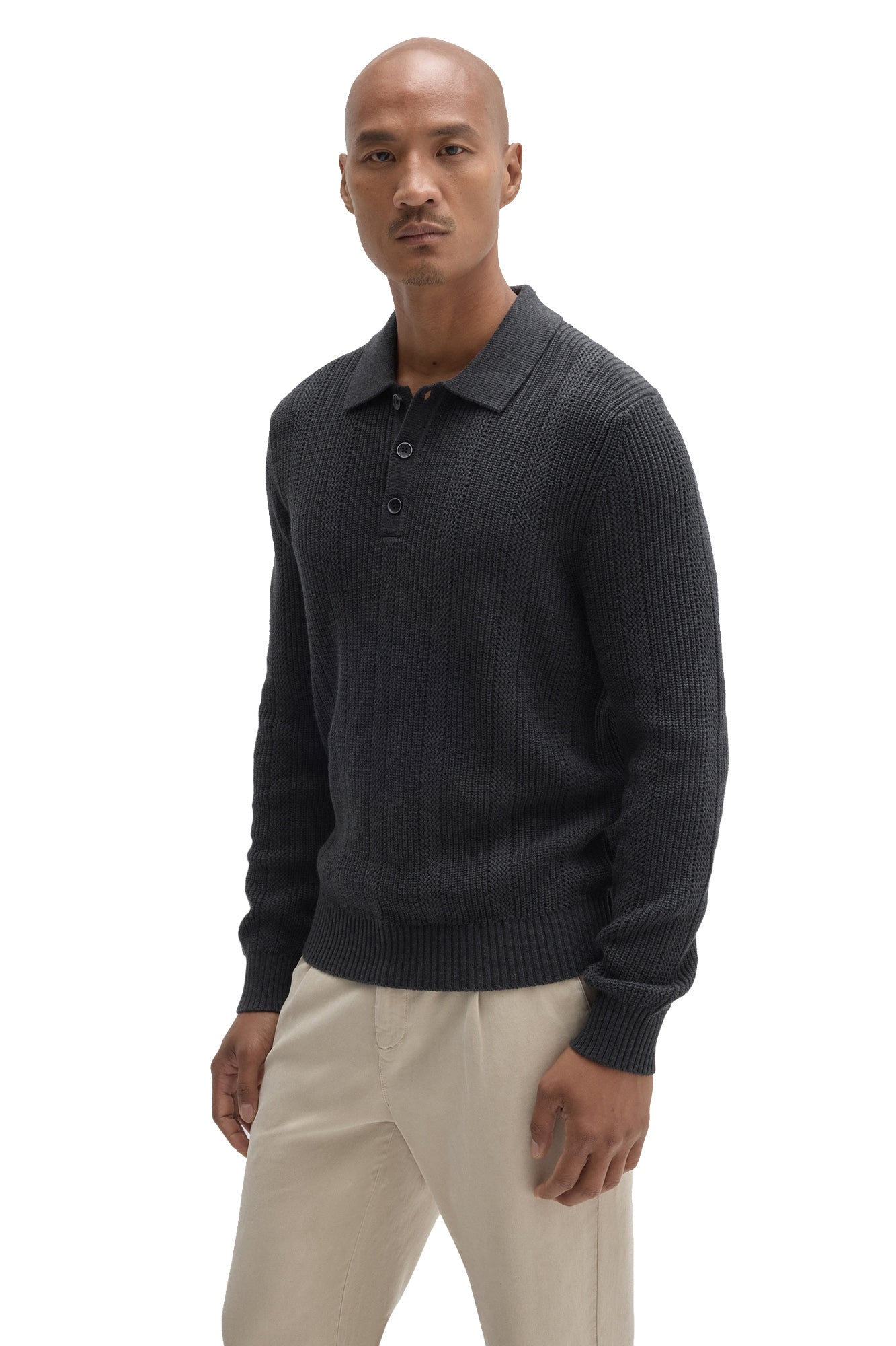 Men's front angled view of charcoal knit long-sleeve polo with flat collar and three buttons by Robert Barakett