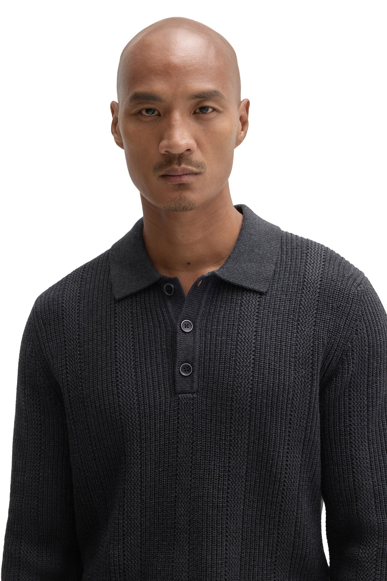 Robert Barakett men's charcoal knit long-sleeve polo collar with three-button placket and ribbed texture, close-up