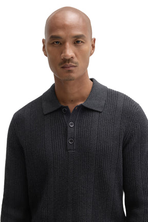 Robert Barakett men's charcoal knit long-sleeve polo collar with three-button placket and ribbed texture, close-up
