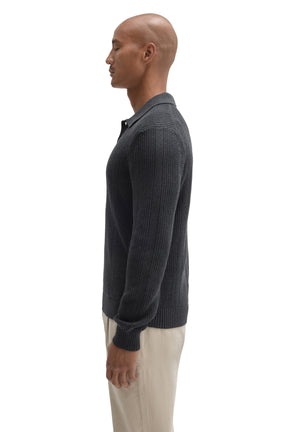 Robert Barakett men's charcoal long sleeve knit polo with ribbed hem and cuff, side view