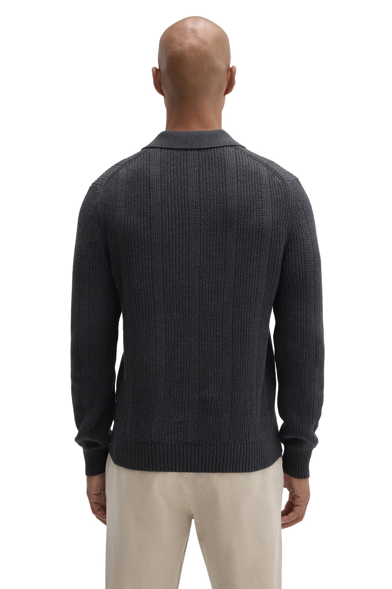 Robert Barakett men's charcoal knit long-sleeve polo with flat collar, vertical texture, and ribbed hem shown from the back