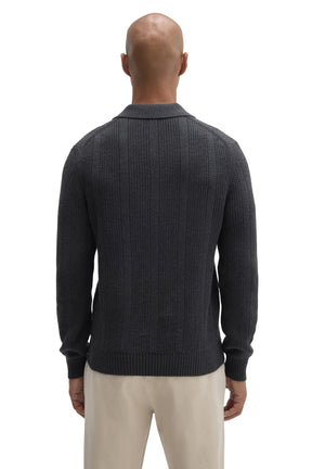 Robert Barakett men's charcoal knit long-sleeve polo with flat collar, vertical texture, and ribbed hem shown from the back