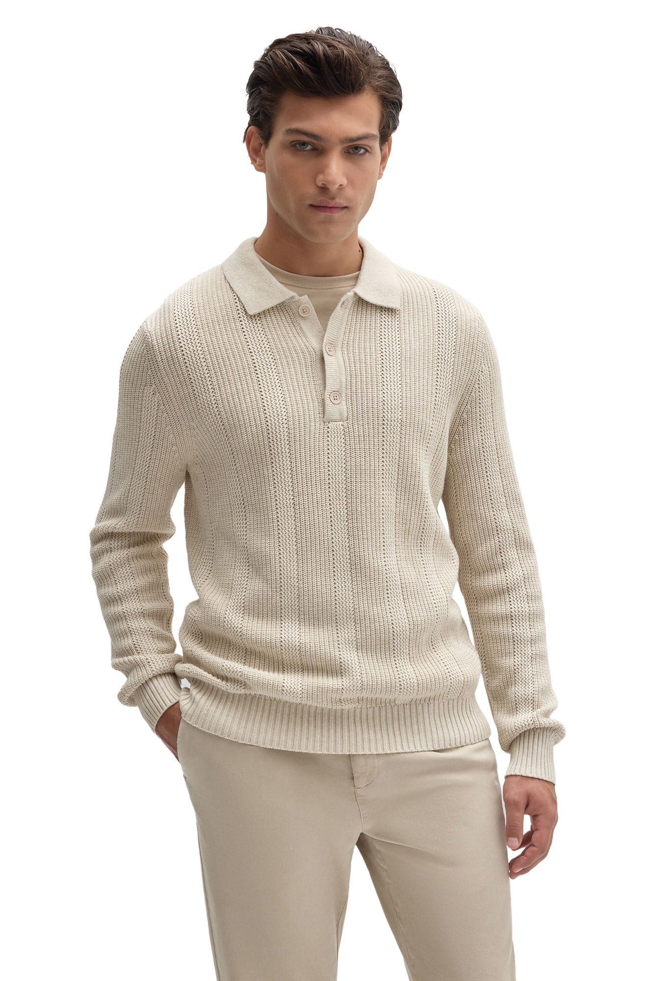 Front view of men's cream long sleeve textured knit polo with fold-over collar and three-button placket by Robert Barakett