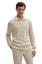 Front view of men's cream long sleeve textured knit polo with fold-over collar and three-button placket by Robert Barakett