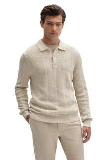 Front view of men's cream long sleeve textured knit polo with fold-over collar and three-button placket by Robert Barakett